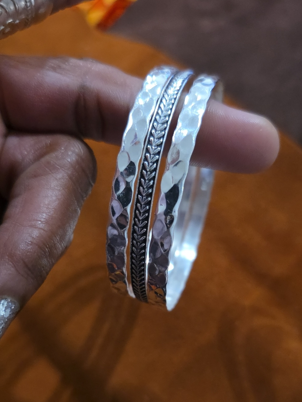 925 Sterling Silver Textured Triple Bangle Bracelet Set Of Three. Women's Size 8